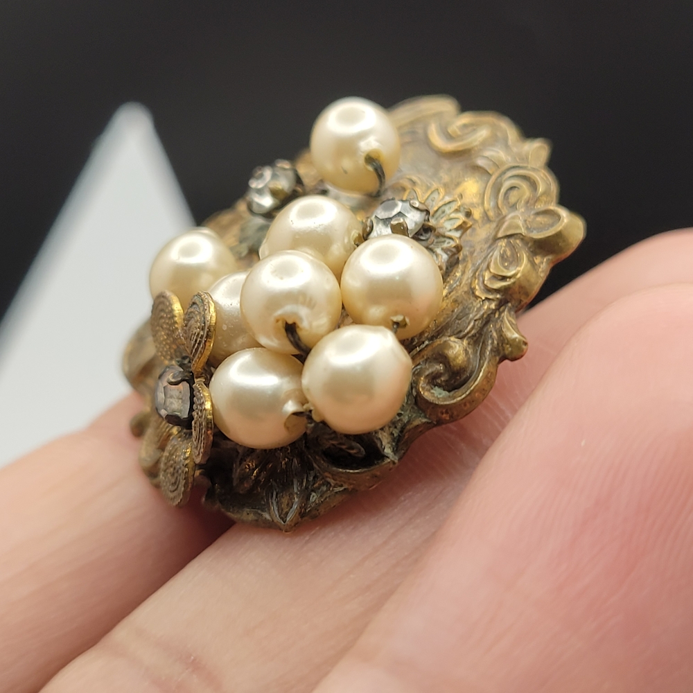Vintage Art Nouveau Brass Faux Cluster Pearl Sterling Clip-On Earrings *AS-IS* - Picture 5 of 15